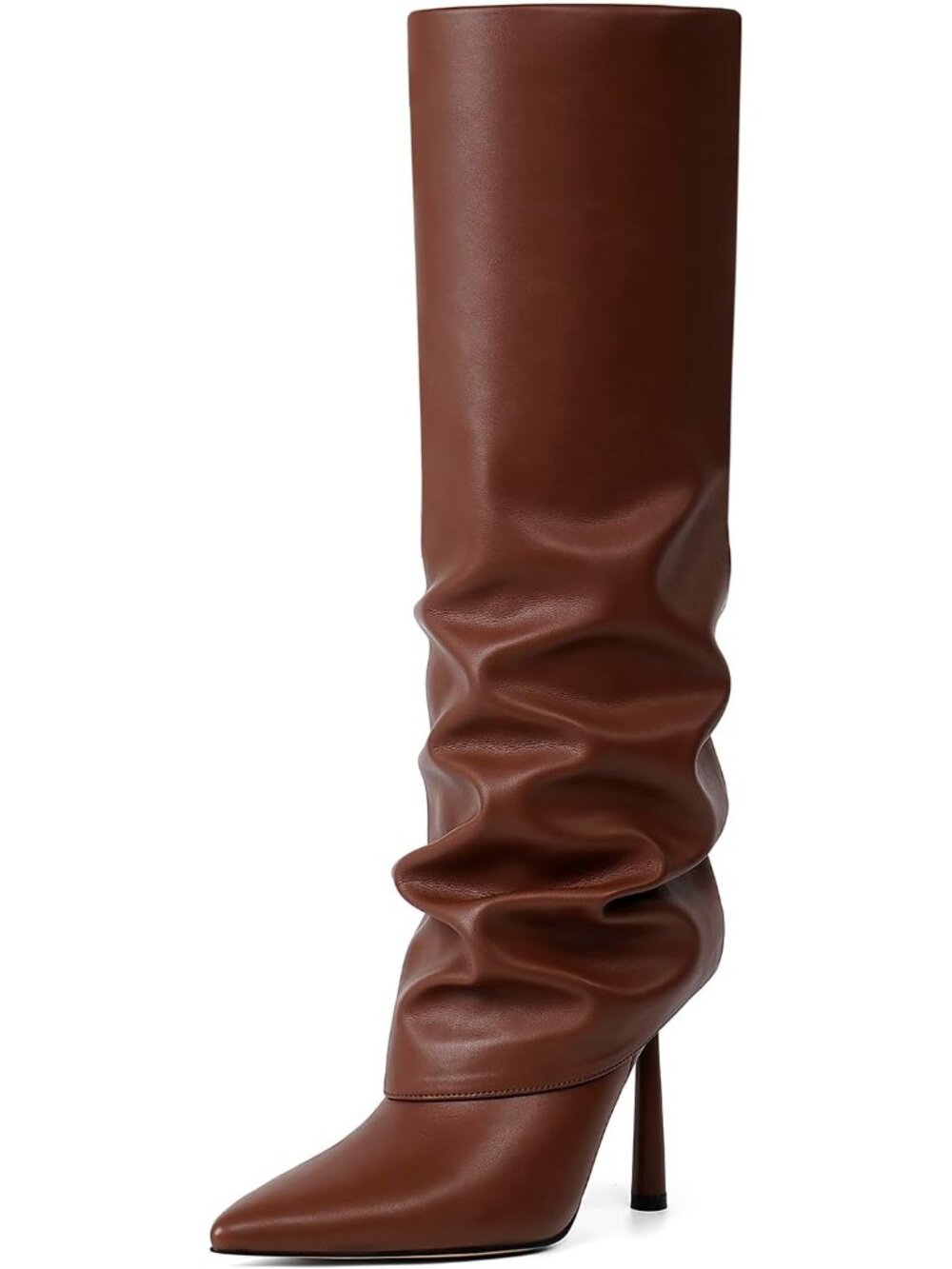 Women's Brown Faux Leather Pointed Toe Stylish Heel Fold Over Knee High Boots